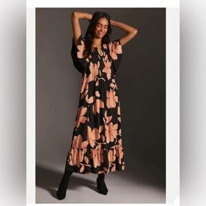 Anthropologie Maeve Cassandra Maxi Dress Pleated Ruffle Floral Coral Size XL